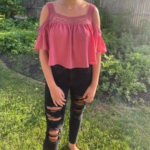 Pink lace cold shoulder blouse